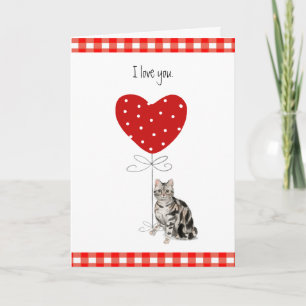 Carte Chat gris de la Saint-Valentin avec ballon en form
