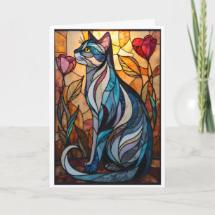 Carte Chat gris de style vitrail avec des fleurs