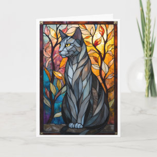 Carte Chat gris de style vitrail avec feuilles