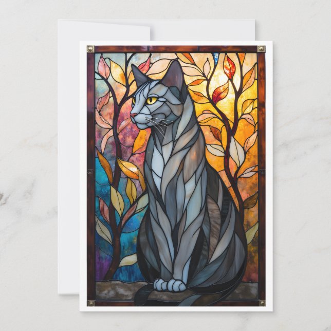 Carte Chat gris de style vitrail avec feuilles (Devant)