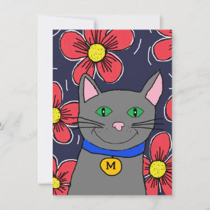 Carte chat gris personnalisé avec fleurs personnalisez l