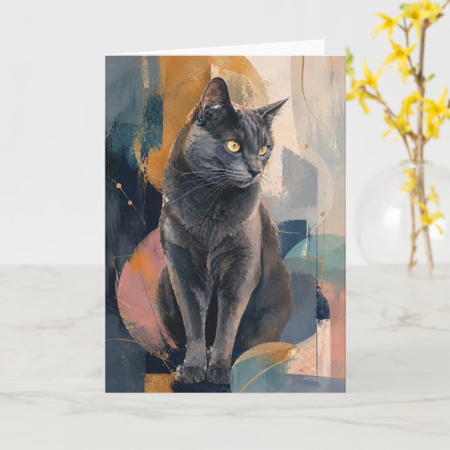 Carte Chat Gris Regard Doré (Fleur jaune)