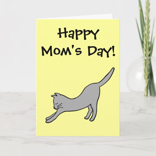 Carte Chat gris s'étirant Joyeuse Fête des Mères jaune ! (Devant)
