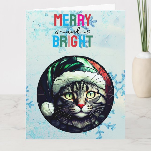 Carte Chat Gris Tabby à Verre Cathédrale Noël dans un Ch (Devant)