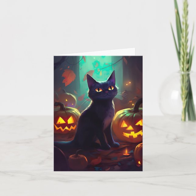 Carte Chat Halloween Tuxedo Avec Peur Citrouille (Devant)