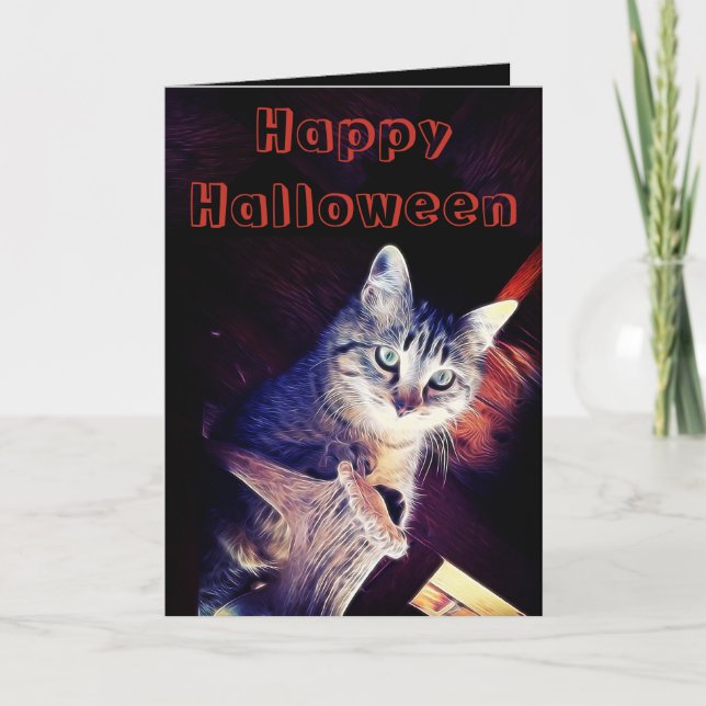 Carte Chat heureux Halloween dans les chevrons Photograp (Devant)