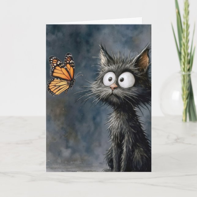 Carte Chat hirsute d'anniversaire avec papillon (Devant)