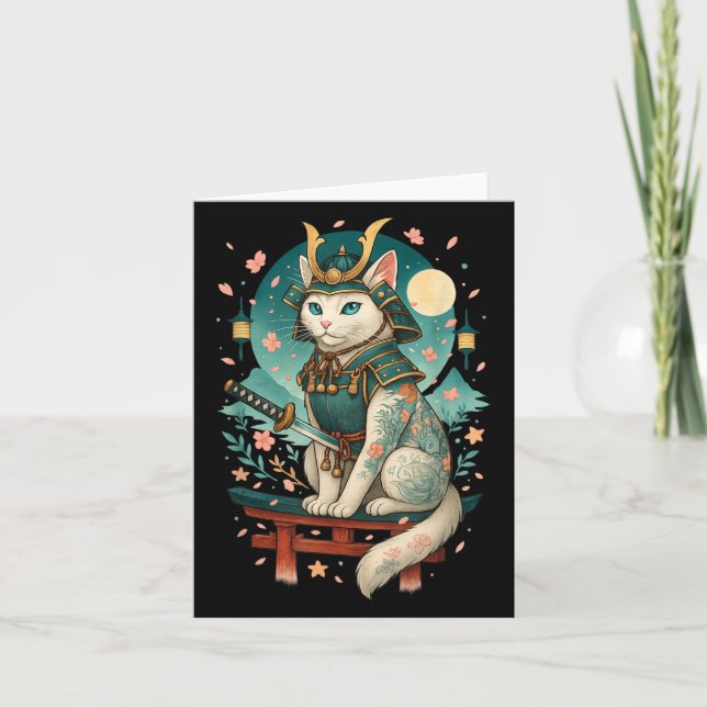 Carte Chat Japonais Cerisier Samouraï Clair De Lune  (Devant)