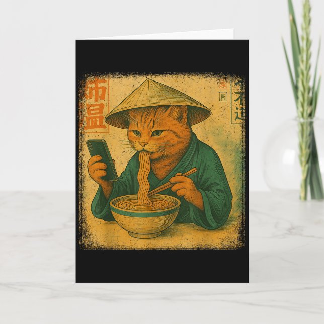 Carte Chat Japonais Drôle Mange Ramen Et Fait Défiler Le (Devant)