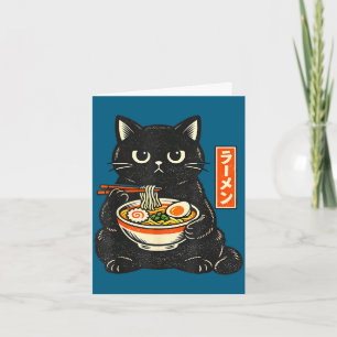Carte Chat japonais rétro kawaii ramen mangeant des noui