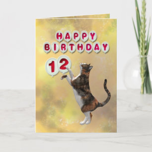 Carte Chat joueuse et 12ème Ballons d'anniversaire heure