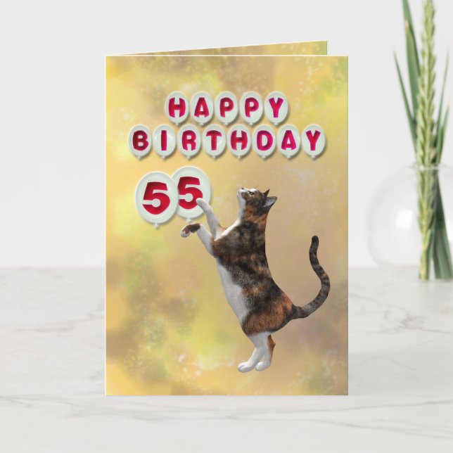 Carte Chat joueuse et 55e Ballons d'anniversaire heureux (Devant)