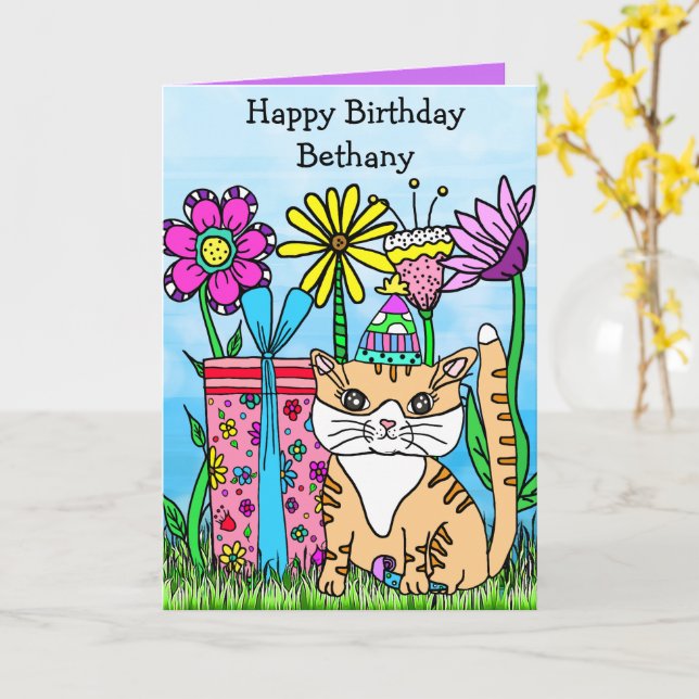 Carte Chat Kitty Art folklorique et fleurs colorées (Fleur jaune)