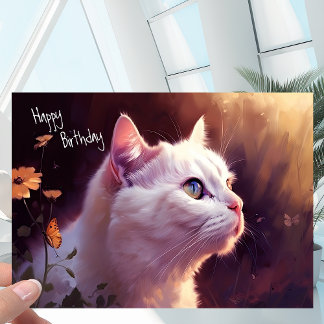 Carte Chat Kitty Blanc avec Fleurs + Papillon Anniversai