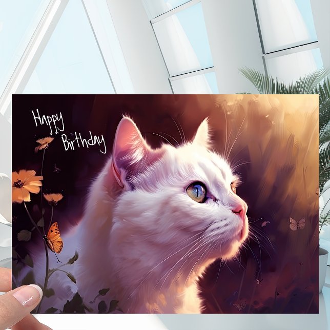 Carte Chat Kitty Blanc avec Fleurs + Papillon Anniversai (Créateur téléchargé)