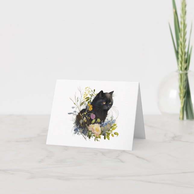 Carte Chat Kitty Noir avec Fleurs BLANC (Devant)