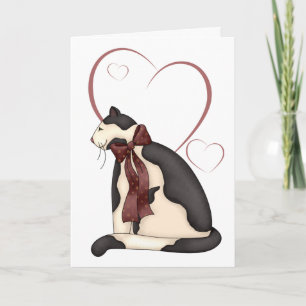 Carte Chat Kitty noir et blanc avec Coeurs Anniversaire