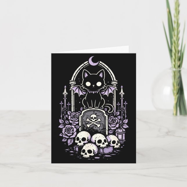 Carte Chat Kitty Vamre Crâne et Gothique Kawaii Mignon V (Devant)