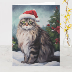 Carte Chat Maine Coon à Noël de neige
