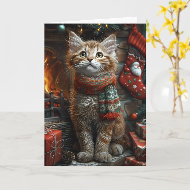 Carte Chat Maine Coon avec des cadeaux de Noël Cheminée (Fleur jaune)