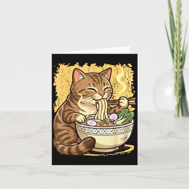 Carte Chat mangeant des nouilles japonaises Ramen (Devant)