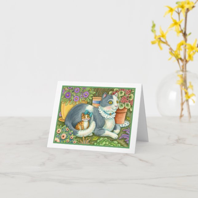 CARTE CHAT MÈRE ET CUISINE, FLEURS POTÉES, BOWS & LACE (Fleur jaune)