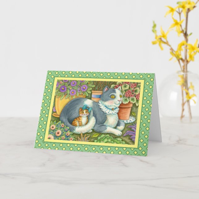 CARTE CHAT MÈRE ET CUISINE, FLEURS POTÉES, BOWS & LACE (Fleur jaune)