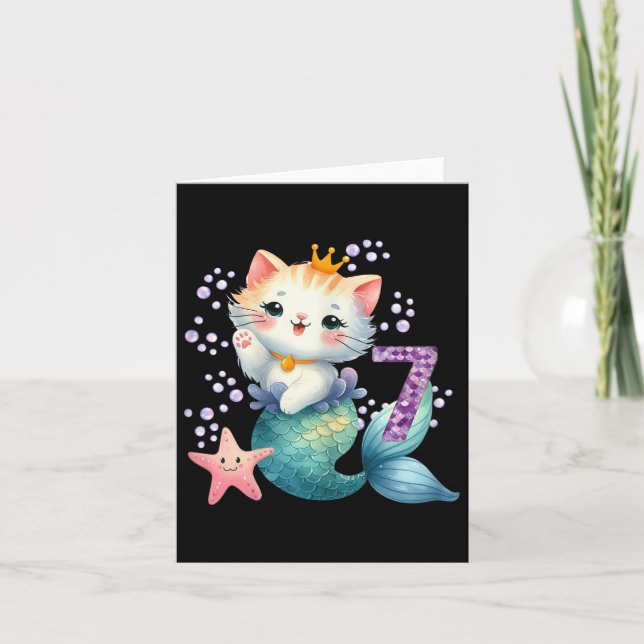 Carte Chat Mermaid 7e anniversaire 7 ans Fille ou (Devant)