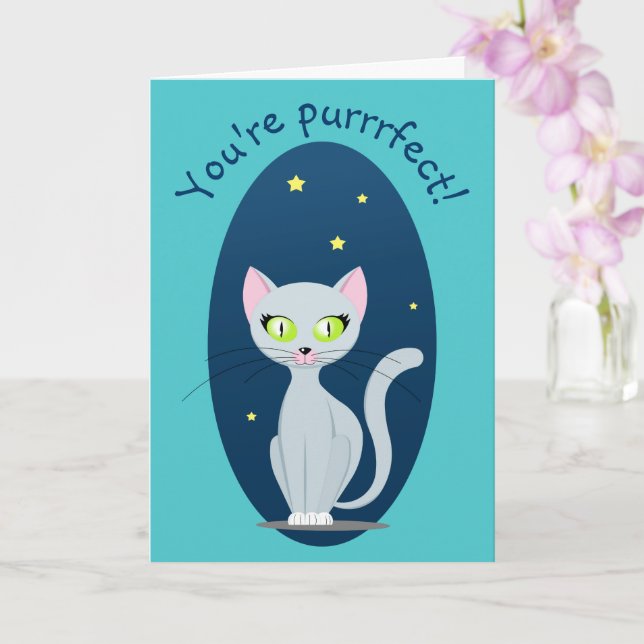Carte Chat mignon ciel nocturne dessin animé texte drôle (Orchidée)