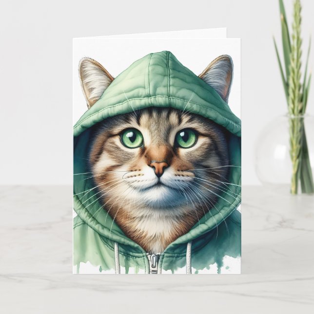 Carte Chat mignon en vert Sweat - shirt à capuche drôle  (Devant)