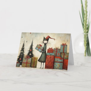 Carte Chat mignon fantaisiste avec cadeaux et arbre de N