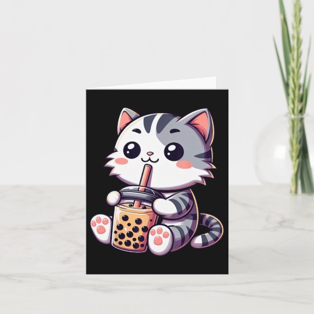 Carte Chat Mignon Kawaii Boba Thé au Lait avec Bulles An (Devant)