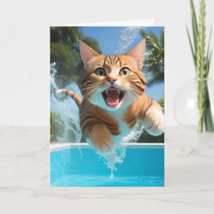 Carte Chat Mignon Nageant Plongeant dans la Piscine Drôl