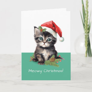 Carte Chat mignon portant le chapeau de Santa Meowy Noël