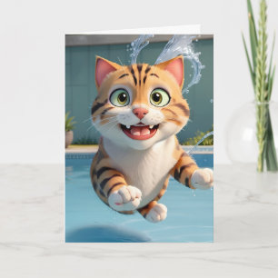 Carte Chat mignon volant natation plongée piscine drôle