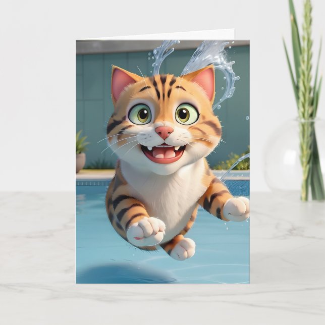 Carte Chat mignon volant natation plongée piscine drôle  (Devant)