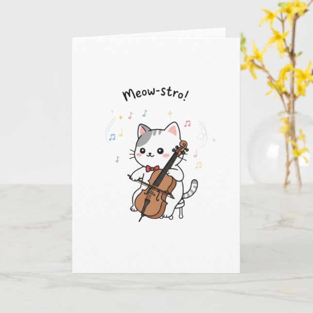 Carte Chat musicien au violoncelle mignon  (Fleur jaune)
