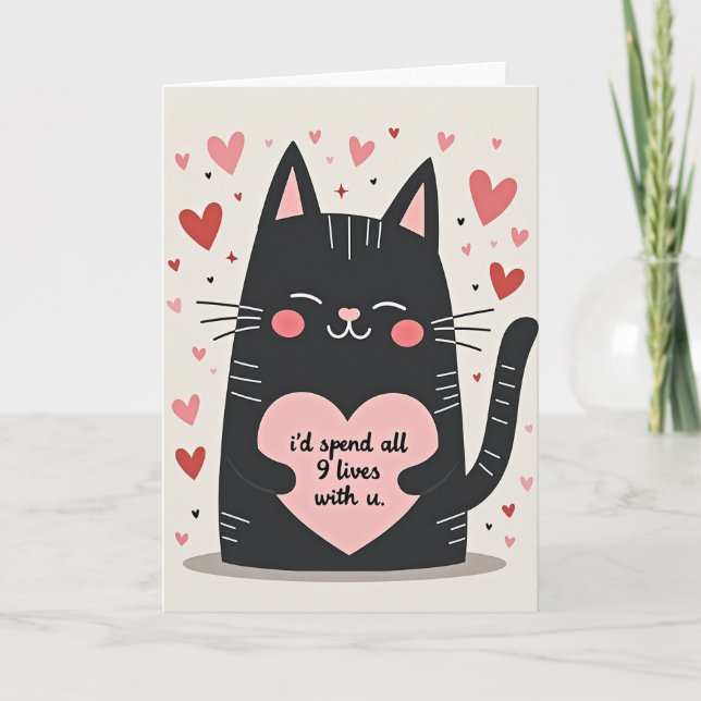 Carte Chat Noir 9 Vies T'aime (Devant)