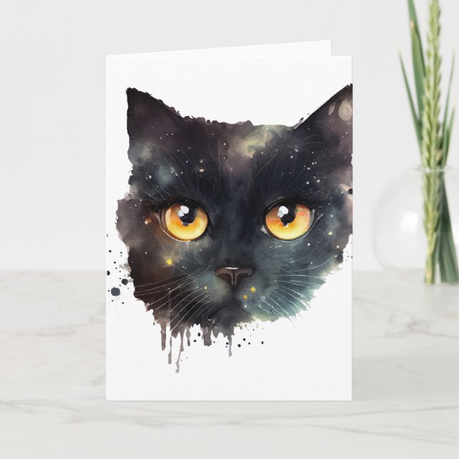 Carte Chat noir à l'aquarelle dégoulinante (Devant)