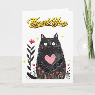 Carte Chat noir à l'aquarelle florale avec Merci coeur