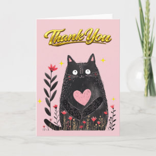 Carte Chat noir à l'aquarelle florale avec Merci cœur