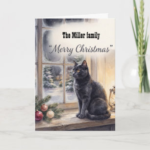 Carte Chat noir à l'aquarelle Noël Fenêtre Hiver