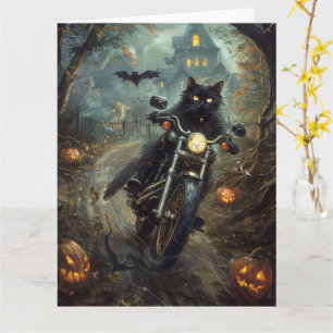 Carte Chat noir à moto Halloween épouvantable