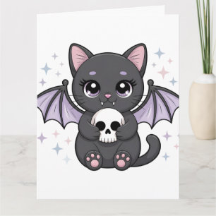Carte Chat noir aux ailes de chauve-souris violettes ser