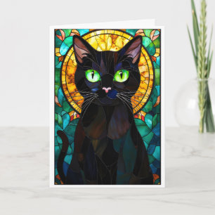Carte Chat noir aux yeux verts de style vitrail charmant