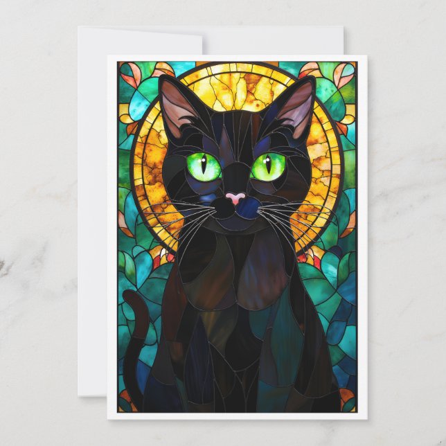 Carte Chat noir aux yeux verts de style vitrail charmant (Devant)
