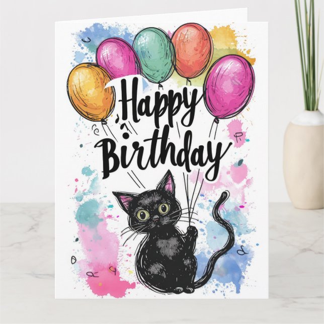 Carte Chat noir avec ballons (Devant)