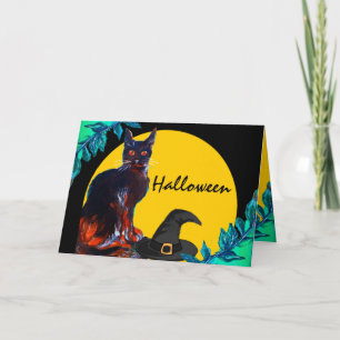 CARTE CHAT NOIR AVEC CASQUETTE WITCH, PARTI HALLOWEEN