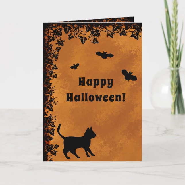 Carte Chat noir avec chauve-souris, Happy Halloween (Devant)
