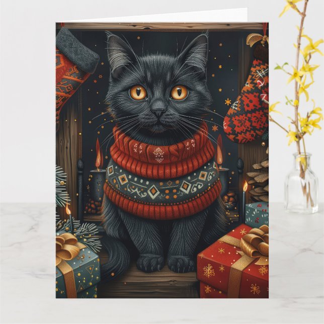 Carte Chat noir avec cheminée de cadeaux de Noël (Fleur jaune)